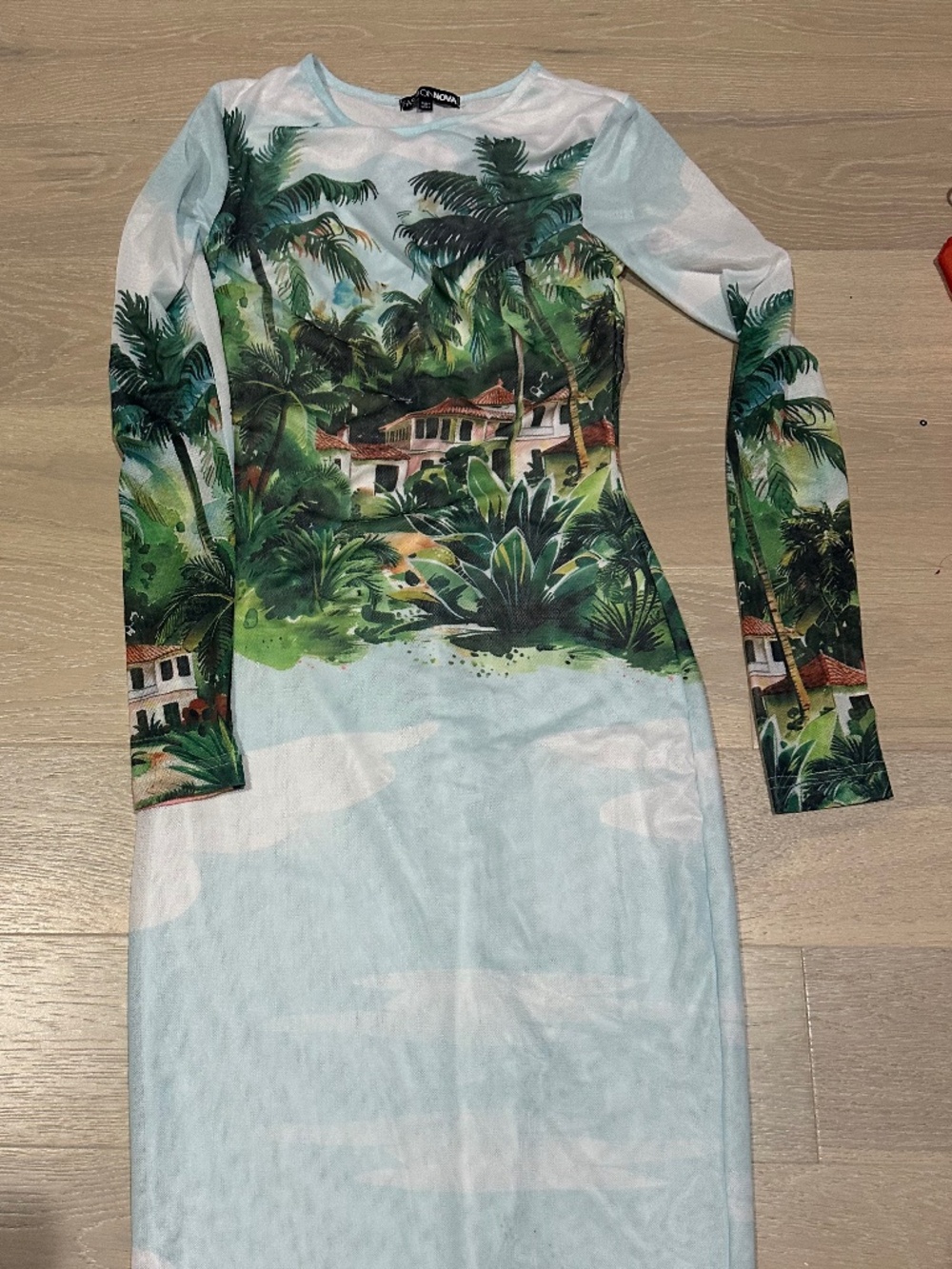 long sleeve fitted mesh maxi dress with palm trees design